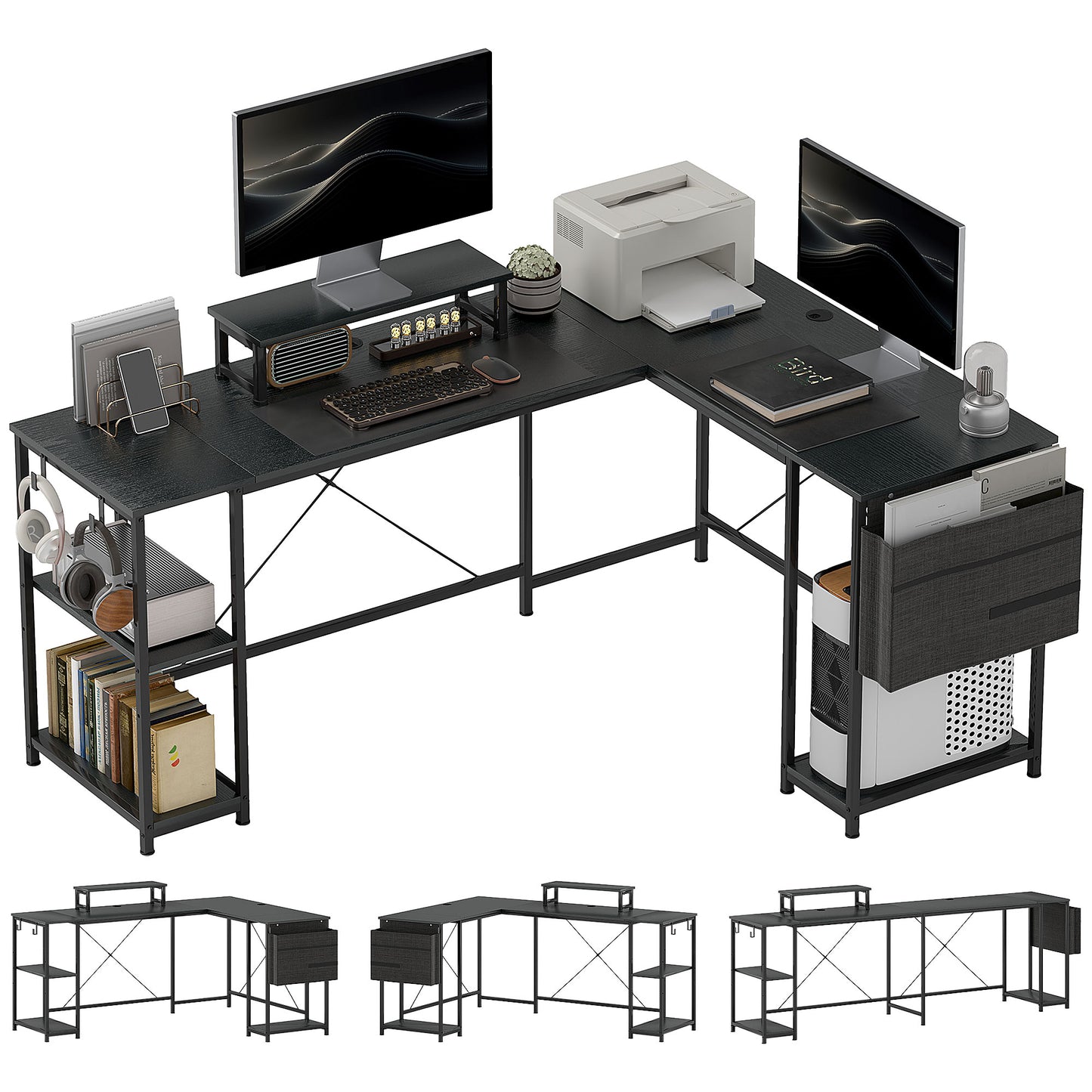 168cm Reversible L Shaped Desk, Industrial Corner Computer Desk with Adjustable Shelf and Storage Bag