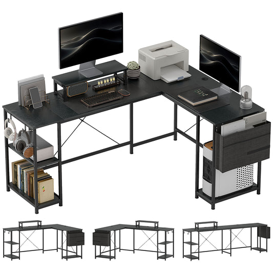 168cm Reversible L Shaped Desk, Industrial Corner Computer Desk with Adjustable Shelf and Storage Bag