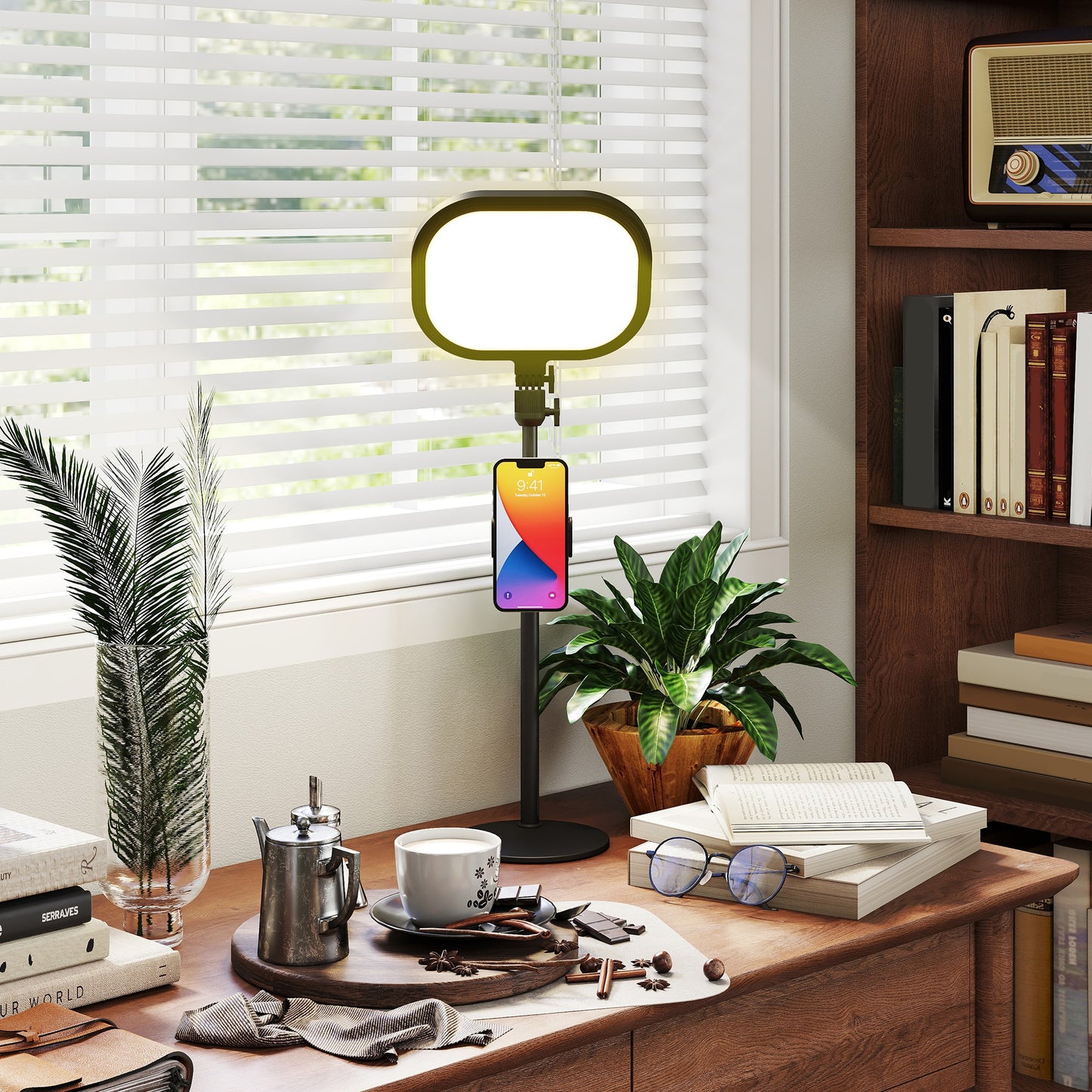 Selfie Light for Video Conference Lighting, Dimmable Desk Lamp with Stand Phone Holder