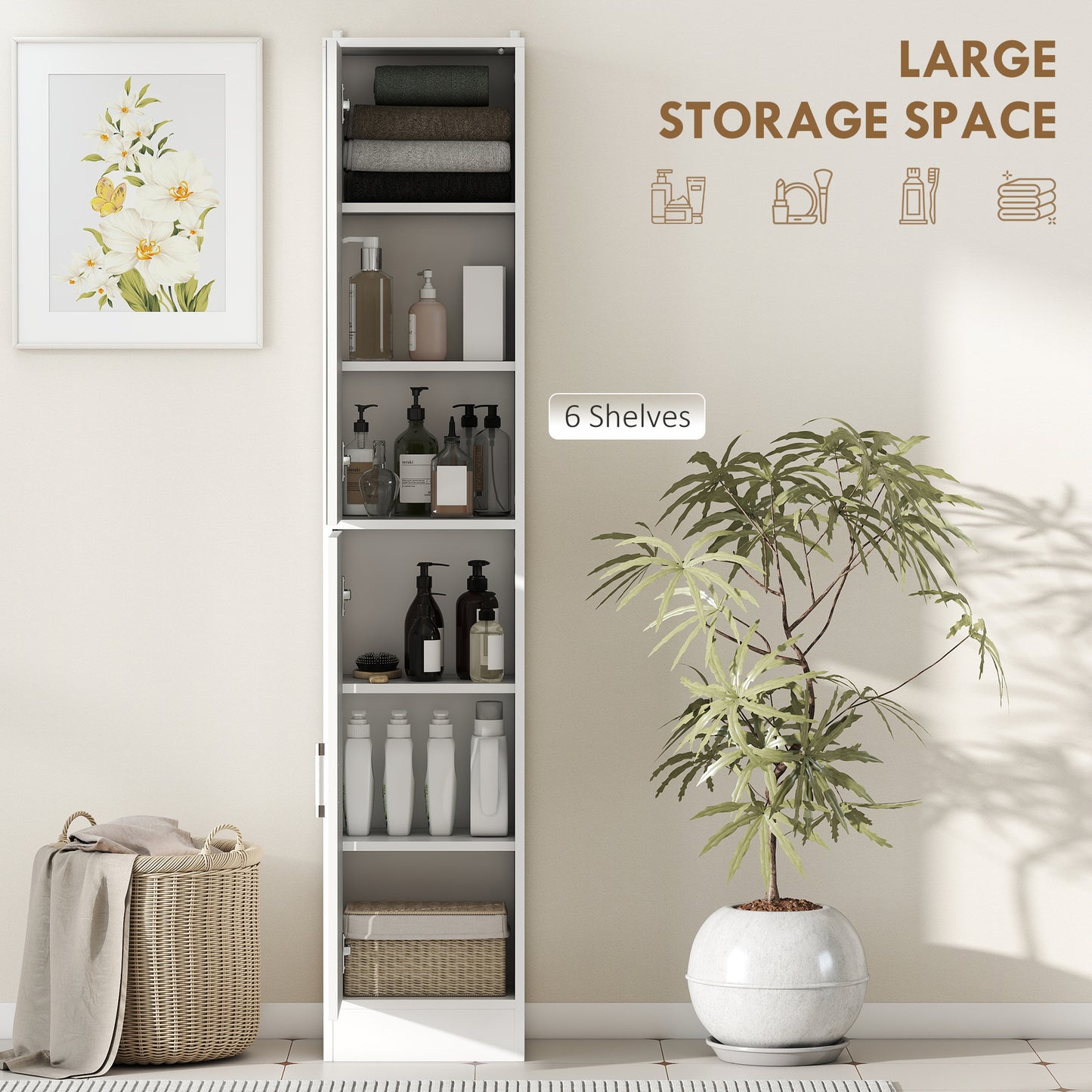 Tall Bathroom Cabinet with Mirror and Adjustable Shelf - White