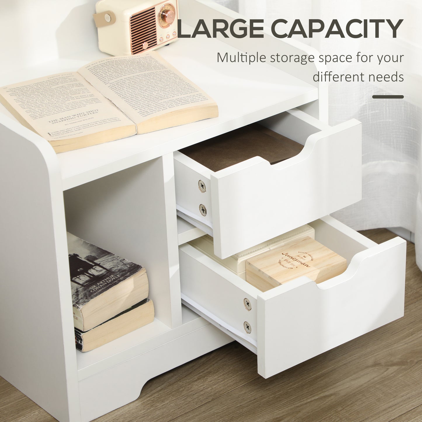Bedside Table, Small Bedside Cabinet with 2 Drawers and Storage Shelves, Modern Nightstand for Bedroom, White