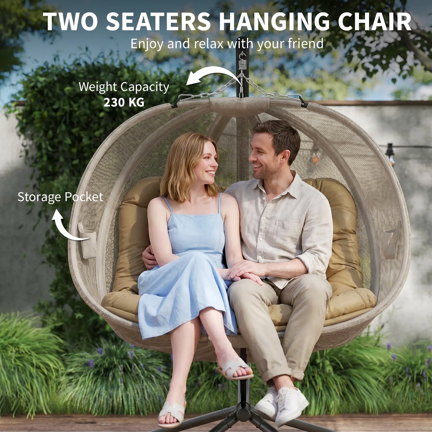 Double Hanging Egg Chair 2 Seaters Texteline Swing Hammock Chair with Stand, Cushion and Folding Design