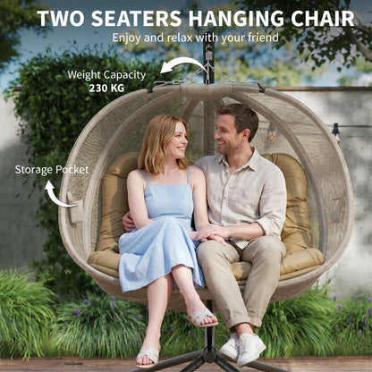 Double Hanging Egg Chair 2 Seaters Texteline Swing Hammock Chair with Stand, Cushion and Folding Design