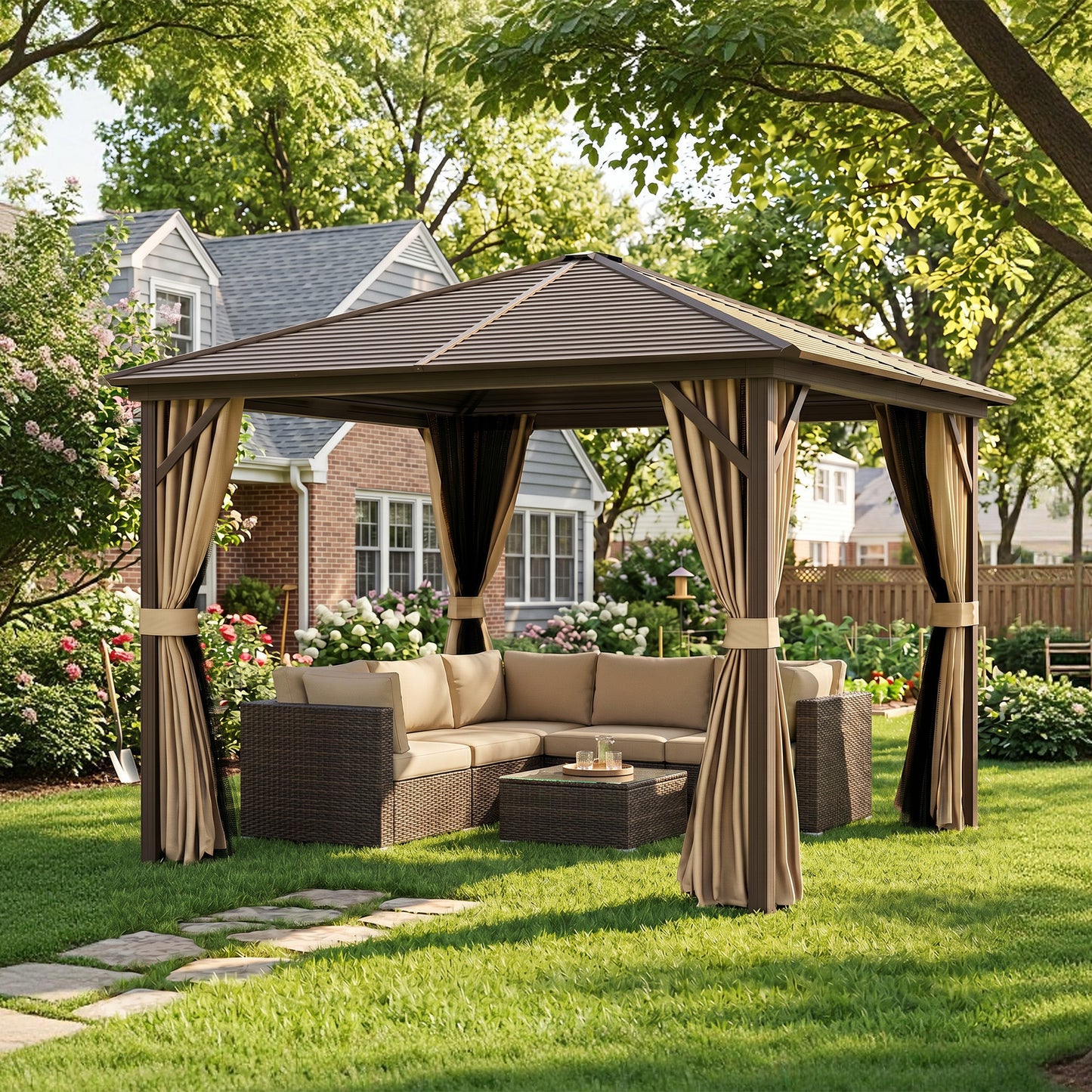 3 x 3(m) Metal Hardtop Gazebo, with Curtains and Accessories - Brown