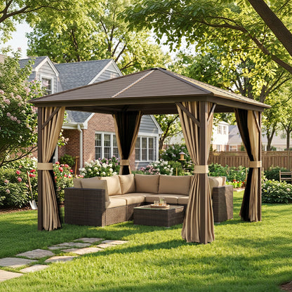 3 x 3(m) Metal Hardtop Gazebo, with Curtains and Accessories - Brown