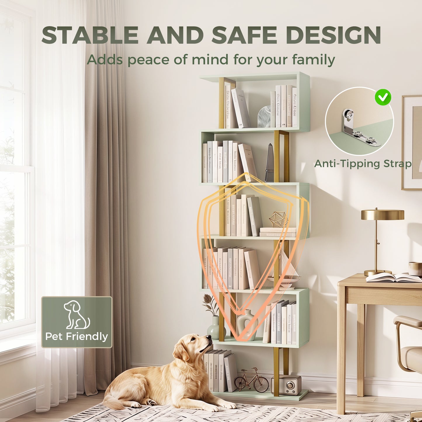 S-Shaped Bookshelf, 6-Tier Bookcase, Freestanding Storage Shelves with Anti-Tip Strap for Living Room, Light Green