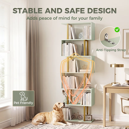 S-Shaped Bookshelf, 6-Tier Bookcase, Freestanding Storage Shelves with Anti-Tip Strap for Living Room, Light Green