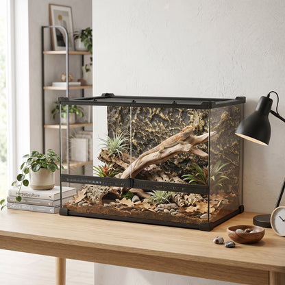 Reptile Glass Terrarium with Stone Background, Front Ventilation, Escape-Proof Knob Lock, 50 x 30 x 35 cm, Black