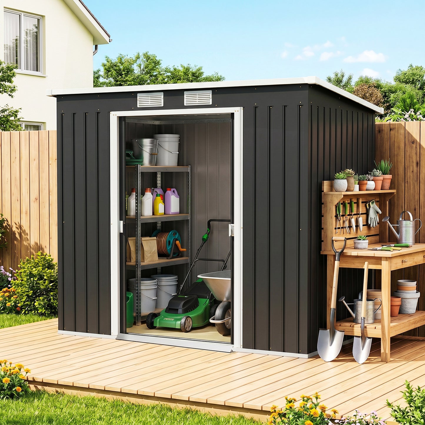 7 x 4ft Galvanised Steel Garden Shed, with Foundation Kit - Dark Grey