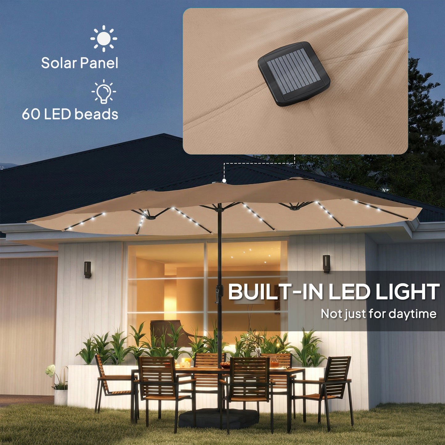 Patio Umbrella Double-Sided Outdoor Umbrella with Solar Lights Base, Khaki