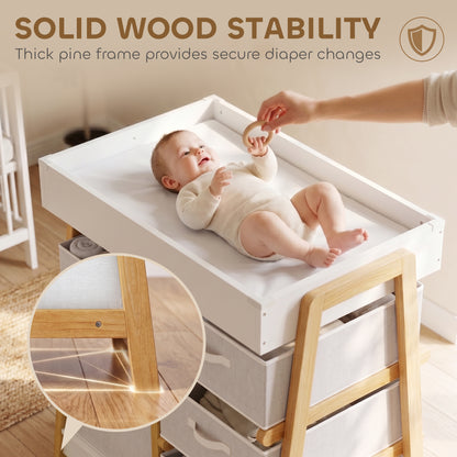 Baby Changing Table, Baby Changing Unit with 3 Drawers, Large Basket and Waterproof Pad for Bedroom Nursery, White