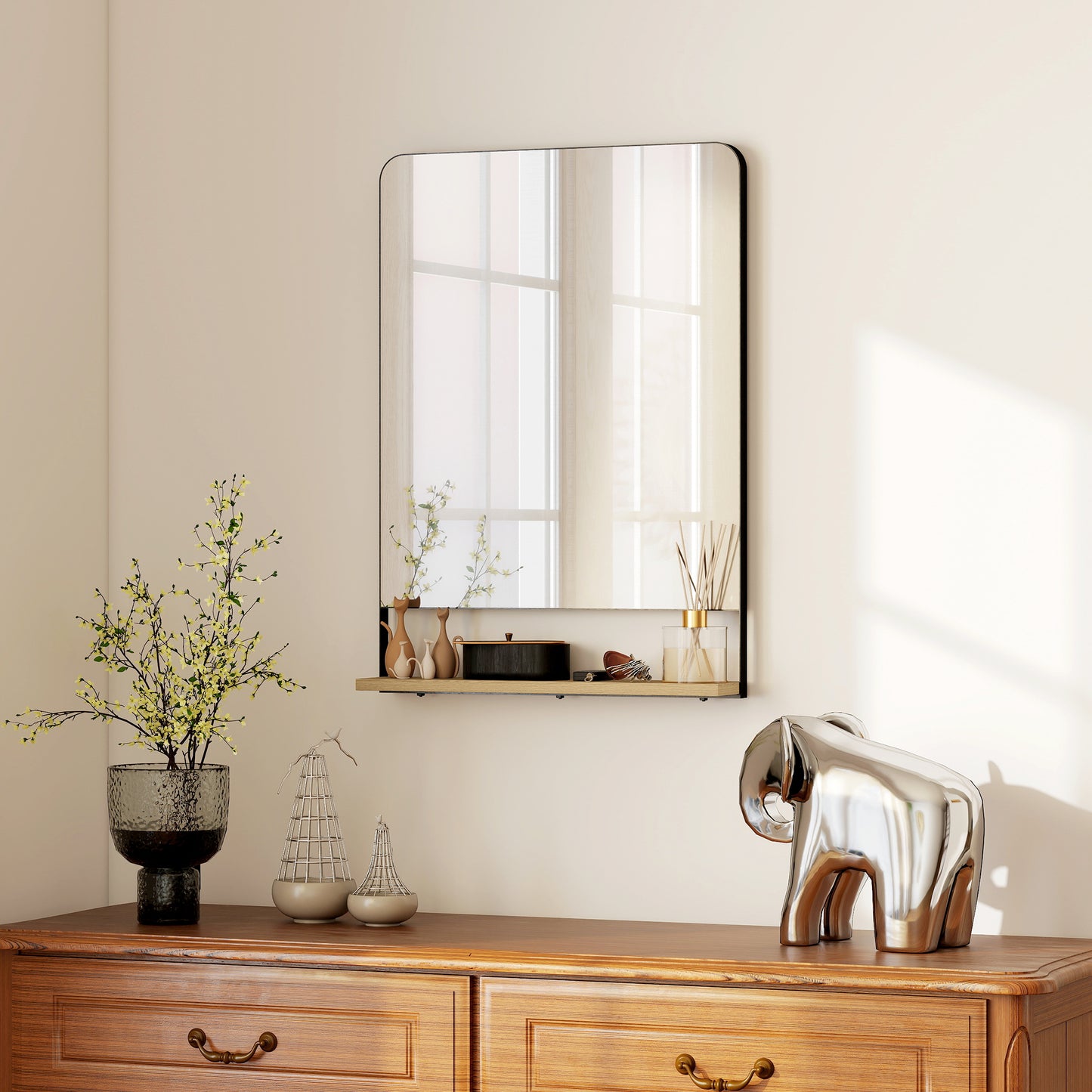 Wall Mirror with Wood Shelf - Black