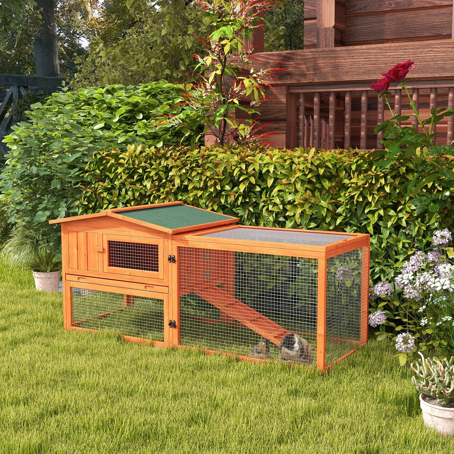 Rabbit Hutch with Run Wooden Guinea Pig Hutch Outdoor Bunny Cage Hide House with Sliding Tray, Hay Rack, Ramp