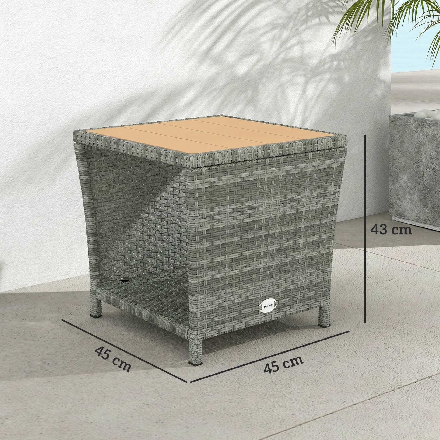 Side Table 2-Tier Outdoor Coffee Table with Storage Shelf PS Wood Slat Top/Light Grey