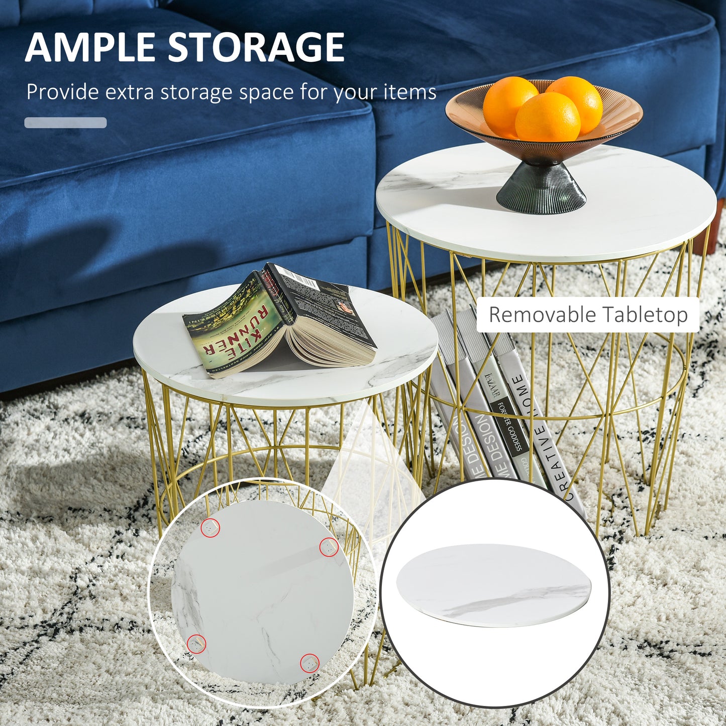 Set of 2 Nesting Side Tables with Storage, Round End Tables Coffee Tables with Steel Frame and Removable Round Top