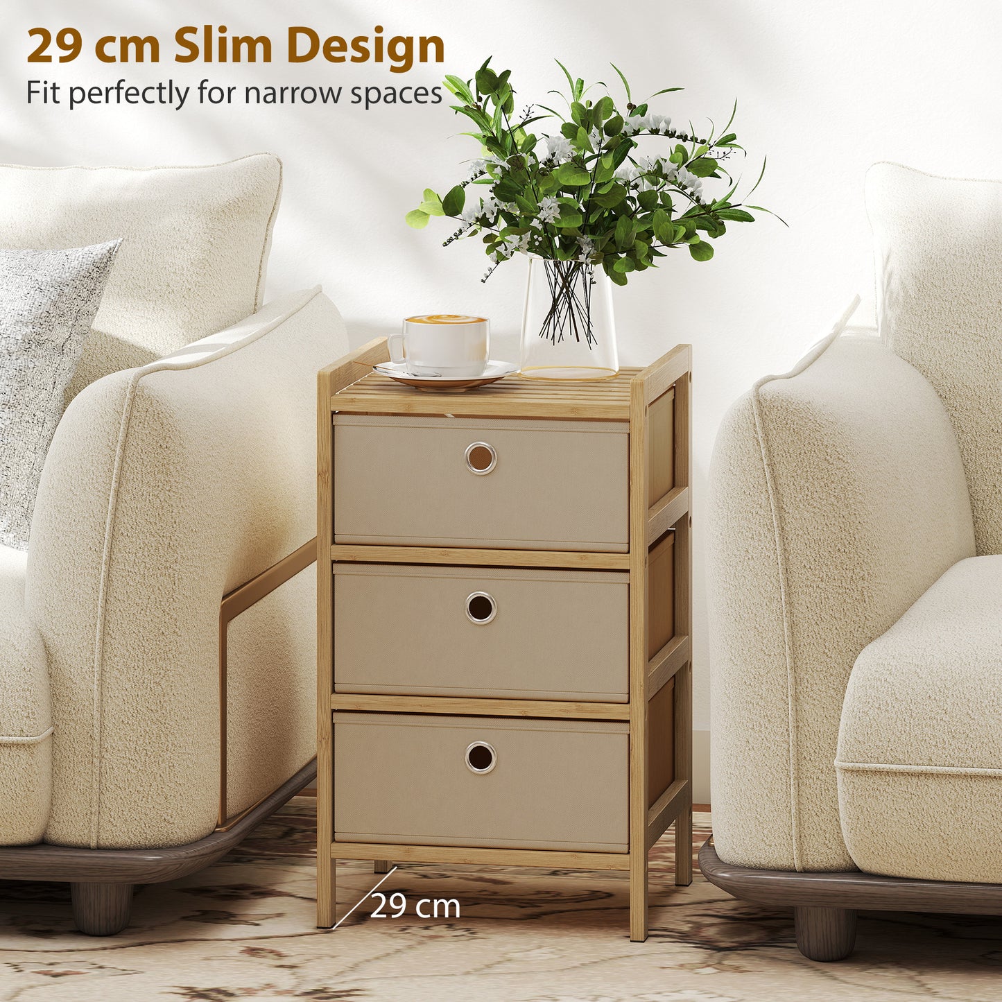 Chest of Drawers, 3 Fabric Drawers Narrow Dresser with Bamboo Frame, Cream White