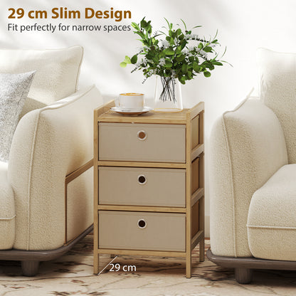 Chest of Drawers, 3 Fabric Drawers Narrow Dresser with Bamboo Frame, Cream White