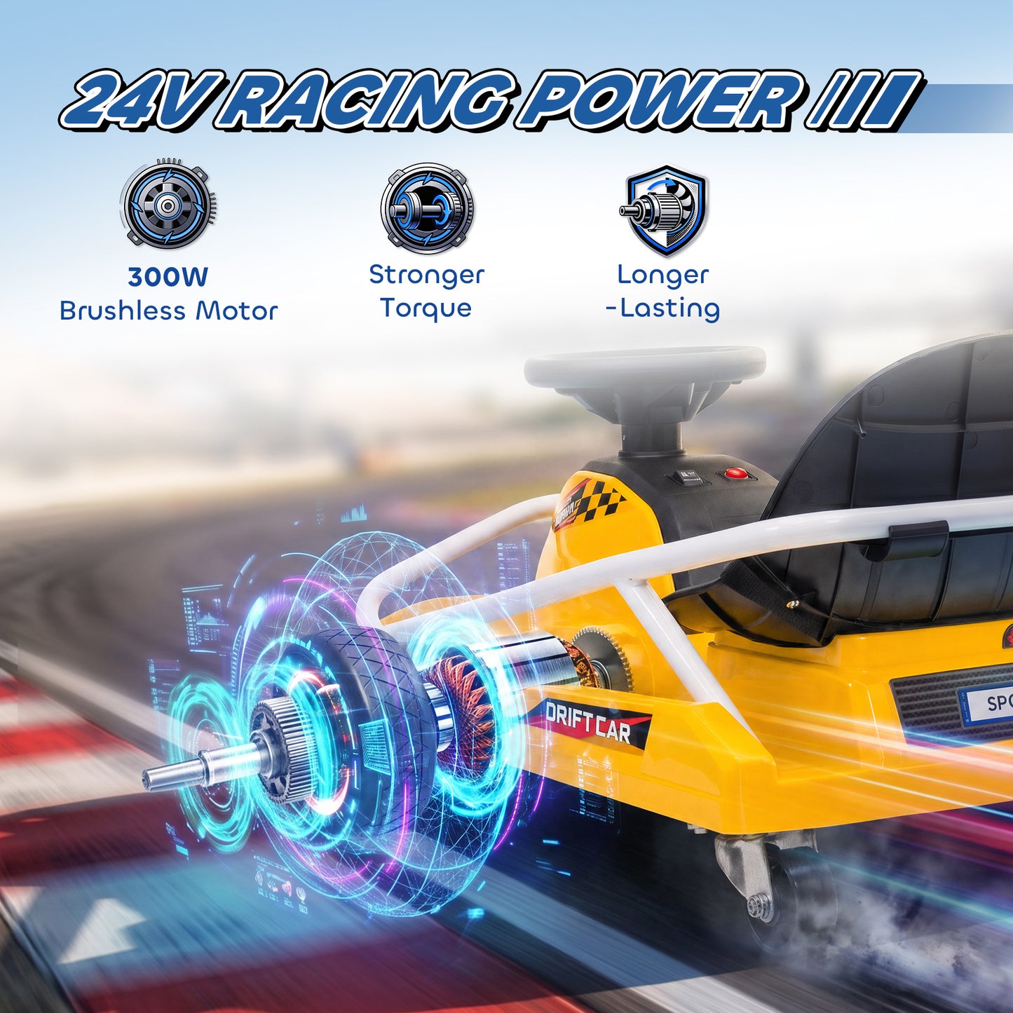 24V Electric Go Kart for Kids with Drift Mode, 300W Brushless Motor, Soft Start and Dual Speed for Ages 6-10, Yellow
