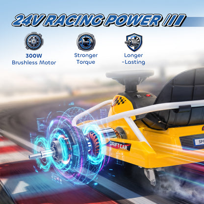 24V Electric Go Kart for Kids with Drift Mode, 300W Brushless Motor, Soft Start and Dual Speed for Ages 6-10, Yellow