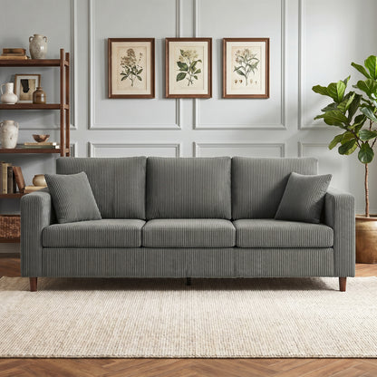 3 Seater Sofa with Wide Seat, Corduroy Fabric Couch with Deep Seat, Spring Cushion, Light Grey