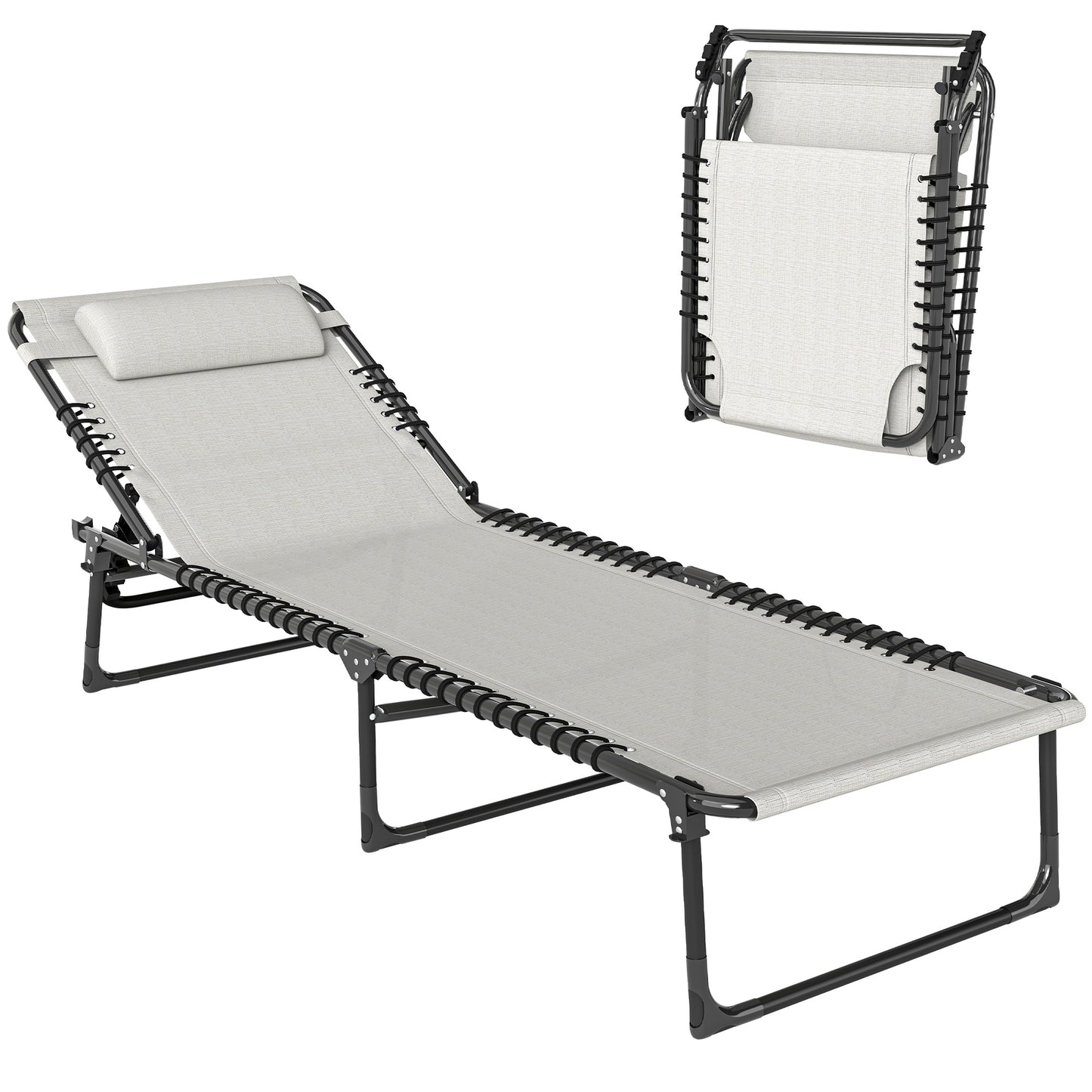 Foldable Sun Lounger, Outdoor 4 Level Adjustable Backrest Reclining Chaise Chair, Steel Frame Recliner Chair for Camping