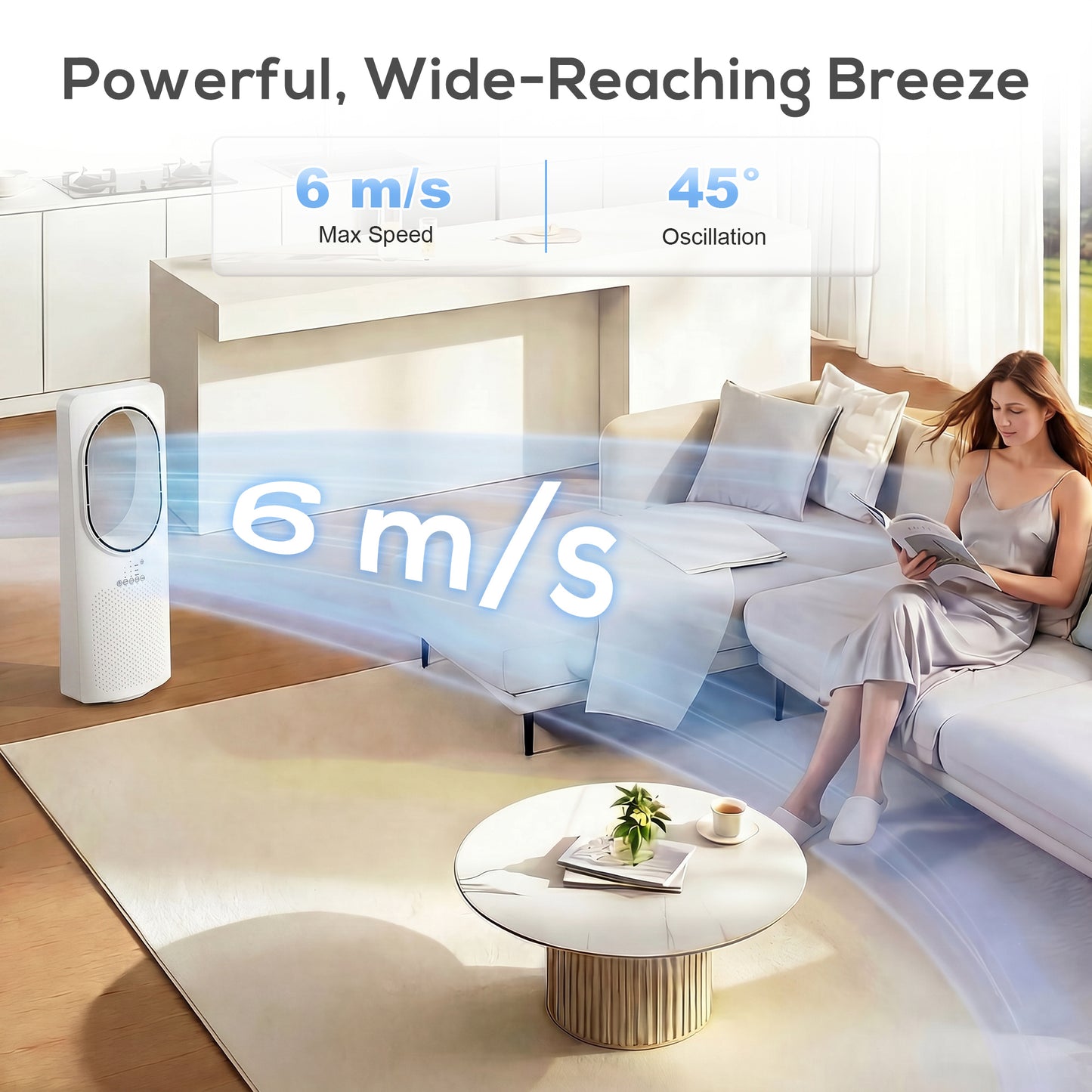 Bladeless Tower Fan for Bedroom, 36dB Standing Cooling Fan with Oscillating, 3 Speeds, 3 Modes, 15H Timer, White