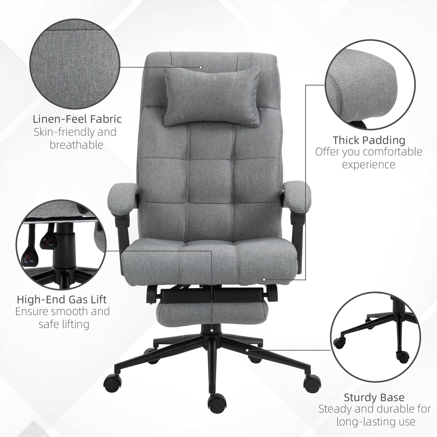 Office Chair with Footrest Ergonomic Office Chair with Armrests Lumber Support and Headrest Light Grey