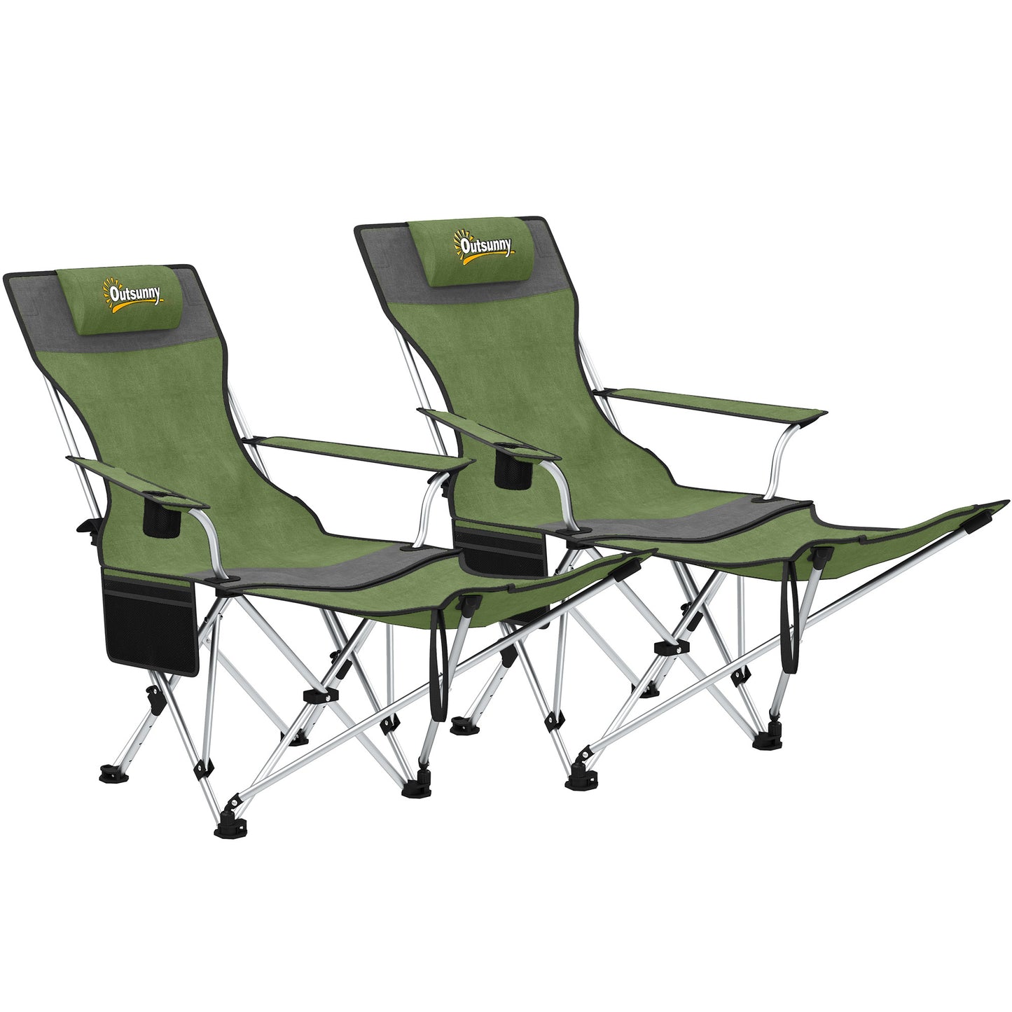 Set of 2 Reclining Folding Camping Chair w/ Detachable Footrest, Storage Bag, Cup Holder & Headrest