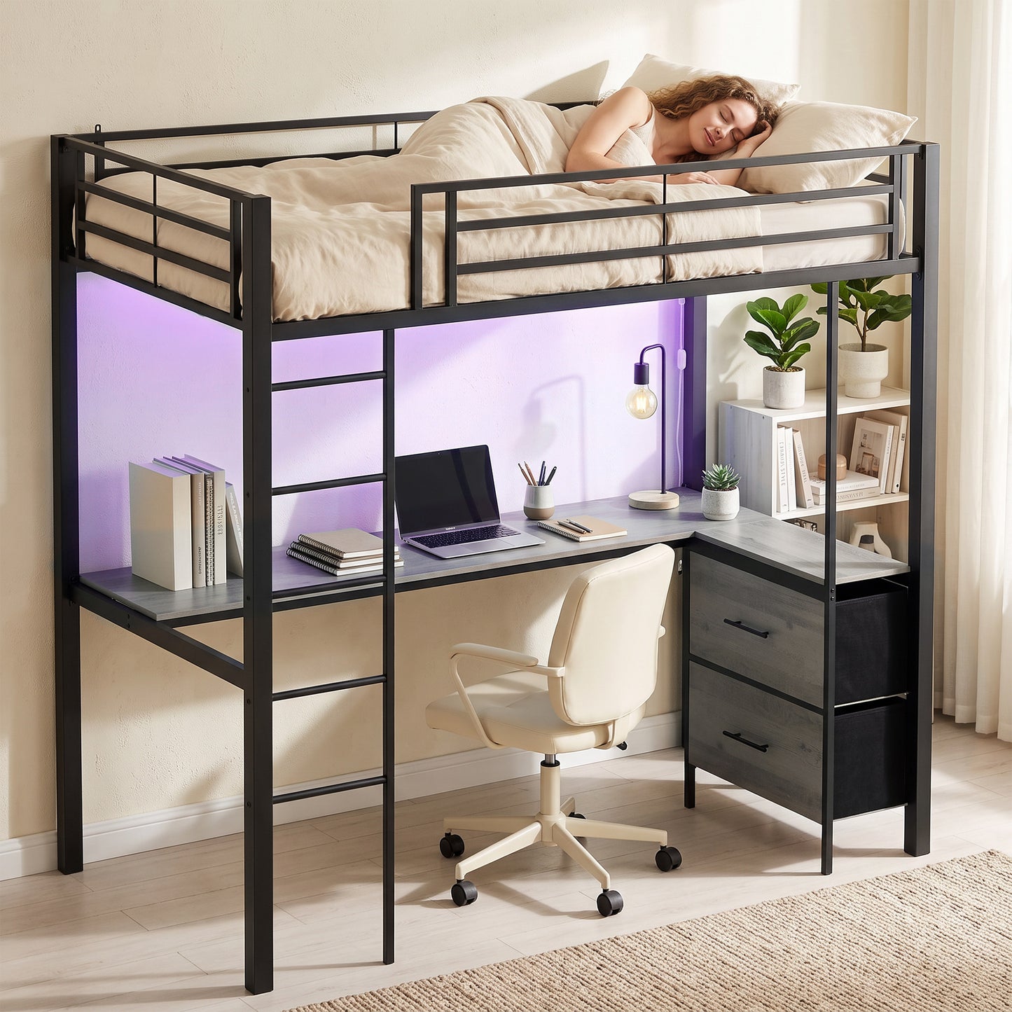 Metal Bunk Bed with Desk, High Sleeper Bed with LED Light and Safety Guardrail for Teens Adults, No Box Spring Needed