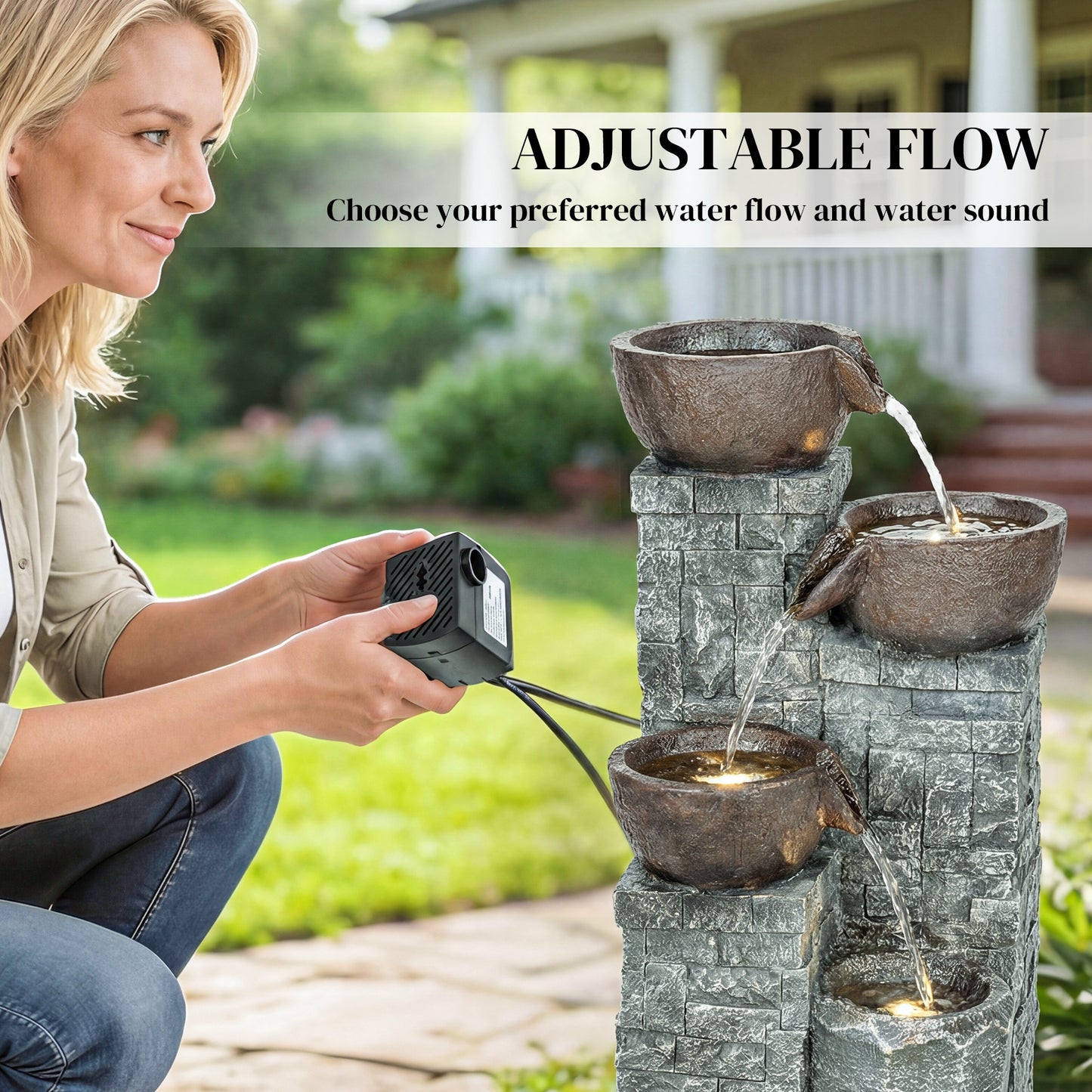 4-Tier Outdoor Fountain, Cascading Waterfall, Garden Fountain with LED Lights, Adjustable Flow, Grey and Rustic Brown