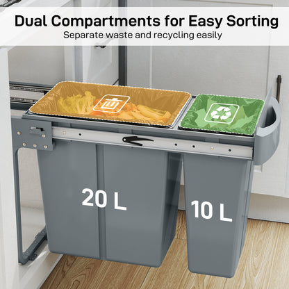2 Removable Recycling, ContaineUnder-Sink Kitchen Trash Bin, Smooth Slide, Handle, Diamond Pattern Lid, Grey