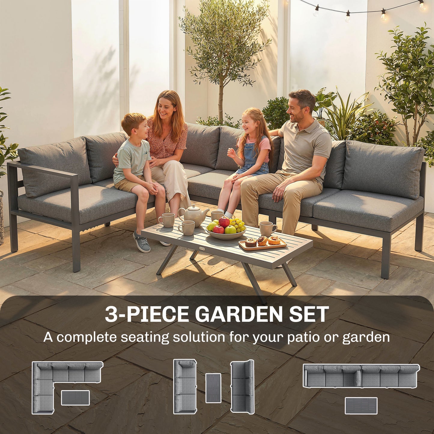 3 Pieces Garden Furniture Set, Aluminium Corner Lounge Set with Adjustable Backrest, Grey