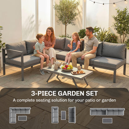 3 Pieces Garden Furniture Set, Aluminium Corner Lounge Set with Adjustable Backrest, Grey