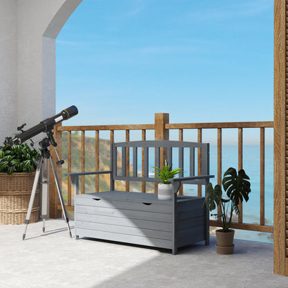 Outdoor 2 Seater Garden Bench, Wooden Bench with Storage, Backrest, Arm Rests, 112 x 84 x 58 cm, Grey