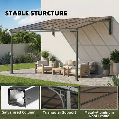 3.4 x 3 m Metal Lean-to Pergola, Wall-Mounted Garden Pergola with Polycarbonate Roof and Metal-Aluminium Frame