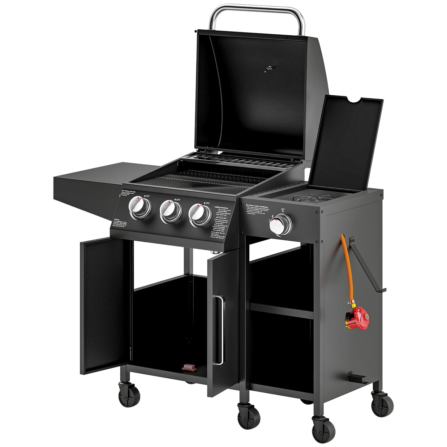 3+1 Burner Gas BBQ Grill with Storage Cabinet and Shelves, 9.5 kW Gas Barbecue Trolley with 6 Castor Wheels, Warming Rack