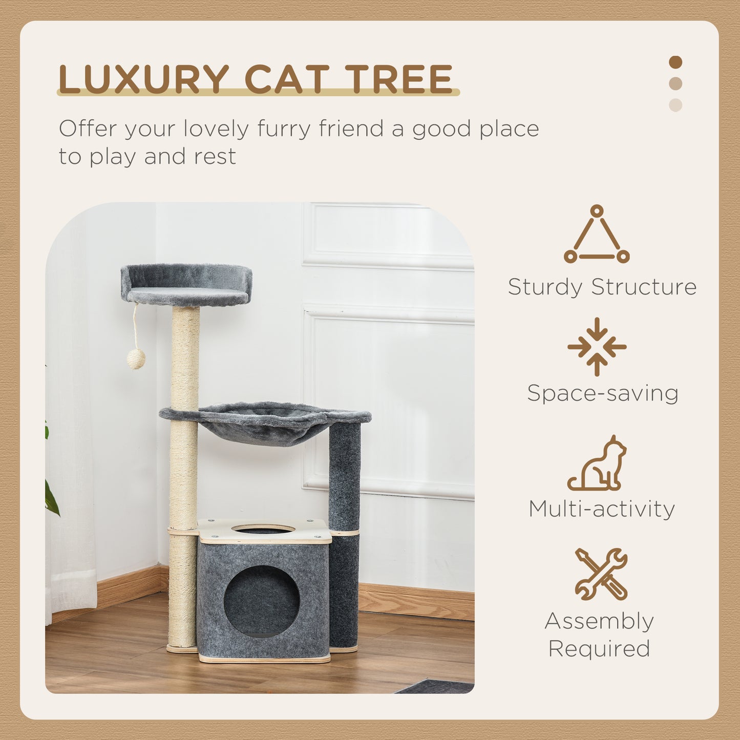 Cat Tree for Indoor Cats 95cm Climbing Tower Kitten Activity Center