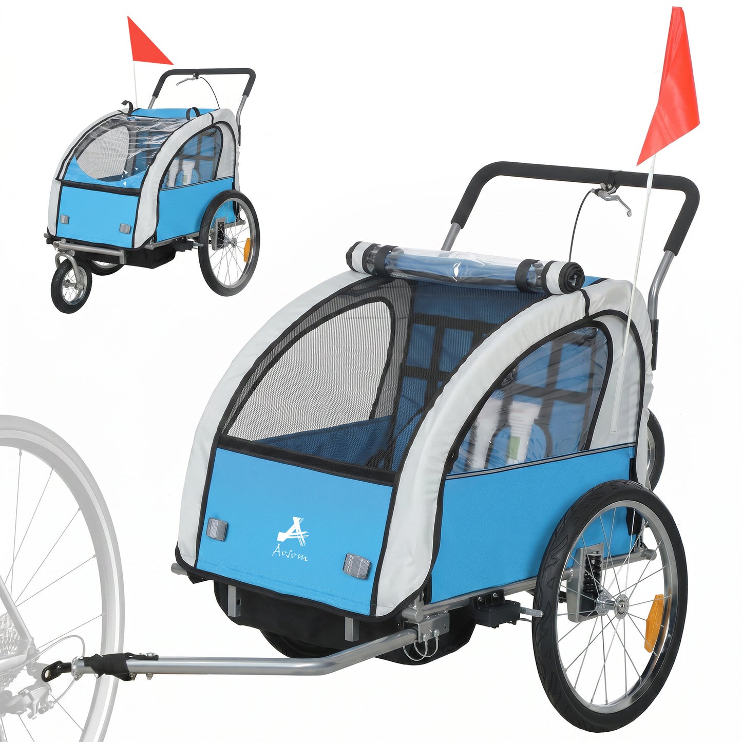 2 Seat Bike Trailer with 5 Point Harness, Baby Bike Stroller with Safety Flag, Reflectors, for 18+ Months, Blue