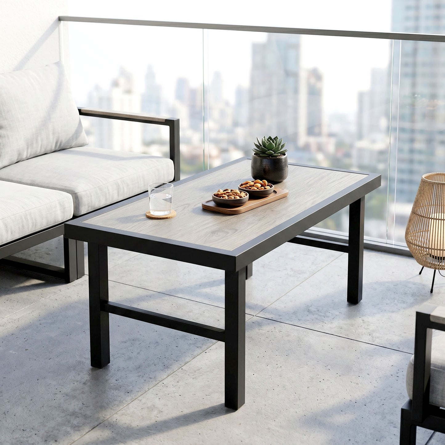 Metal Garden Coffee Table, Outdoor Side Table with SPC Woodgrain Tabletop for Outside, Garden, Balcony, Porch