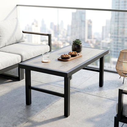 Metal Garden Coffee Table, Outdoor Side Table with SPC Woodgrain Tabletop for Outside, Garden, Balcony, Porch