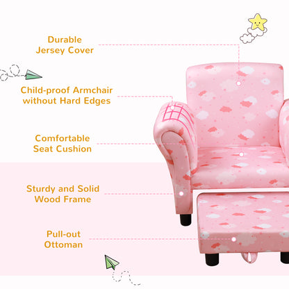 Toddler Chair Children's Armchairs Wood Frame w/ Footrest Anti-Slip Legs High Back Arms for Bedroom Playroom Cute Cloud Star