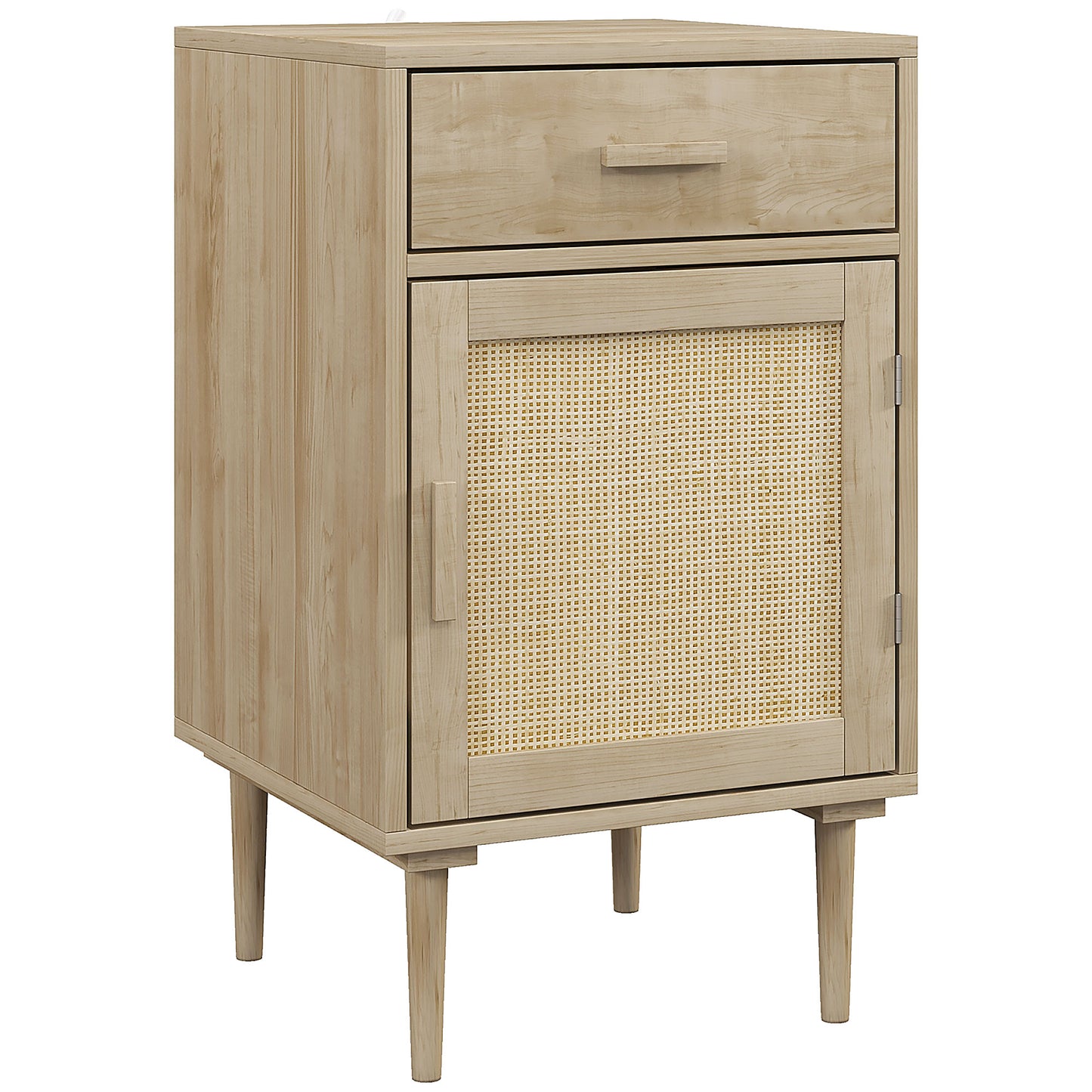 Bedside Table, Rattan Side Tables with Drawer, Cabinet and Adjustable Shelf, Boho Bedside Cabinet with Storage for Bedroom