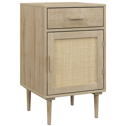 Bedside Table, Rattan Side Tables with Drawer, Cabinet and Adjustable Shelf, Boho Bedside Cabinet with Storage for Bedroom