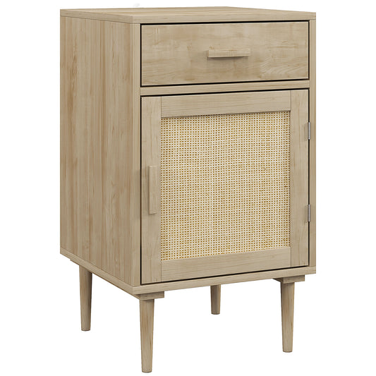 Bedside Table, Rattan Side Tables with Drawer, Cabinet and Adjustable Shelf, Boho Bedside Cabinet with Storage for Bedroom