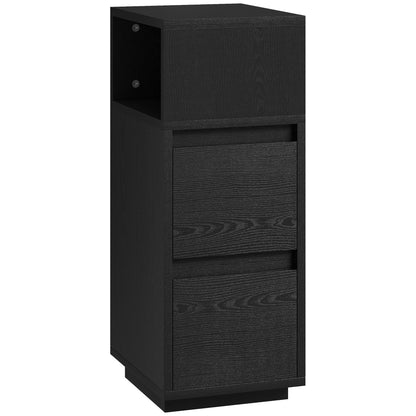Slim Bedside Table, Narrow Bedside Cabinet with Open Shelf and 2 Drawers for Bedroom, Living Room, Black