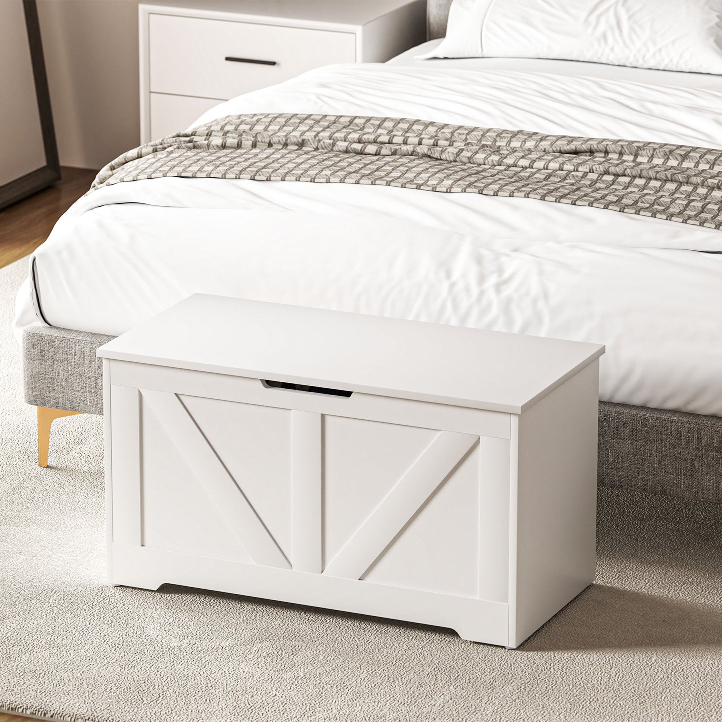 100L Home Storage Box, with Safety Hinge - White Wood-Effect