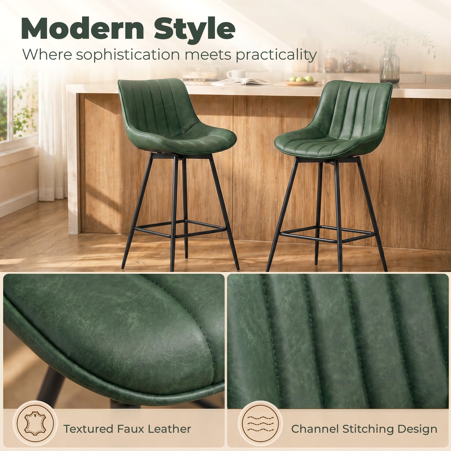 Set of 2 PU Leather Swivel Bar Stools - Dark Green