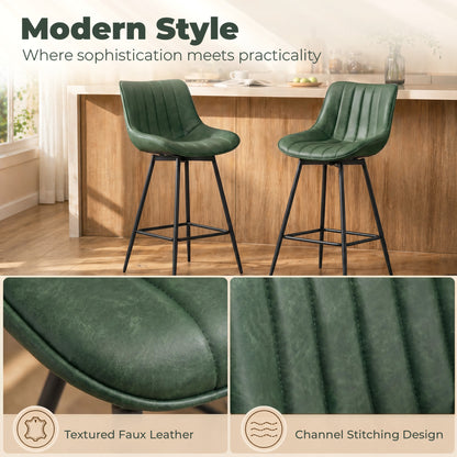 Set of 2 PU Leather Swivel Bar Stools - Dark Green