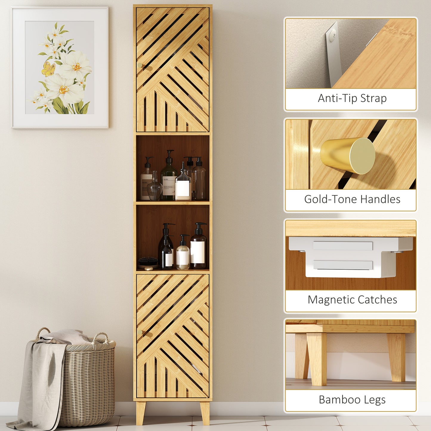 Multi-Storage Bamboo Door Bathroom Cabinet - Natural Finish