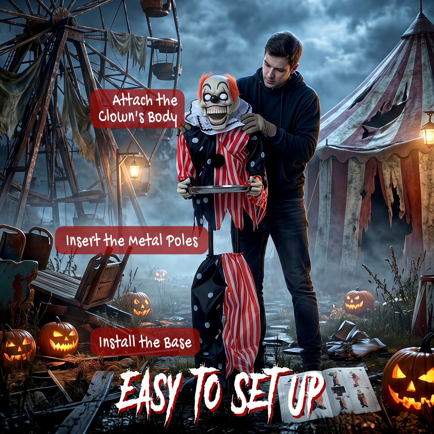 Animated Clown Halloween Decoration, Scary Halloween Animatronics Decor with Sound Touch Activated